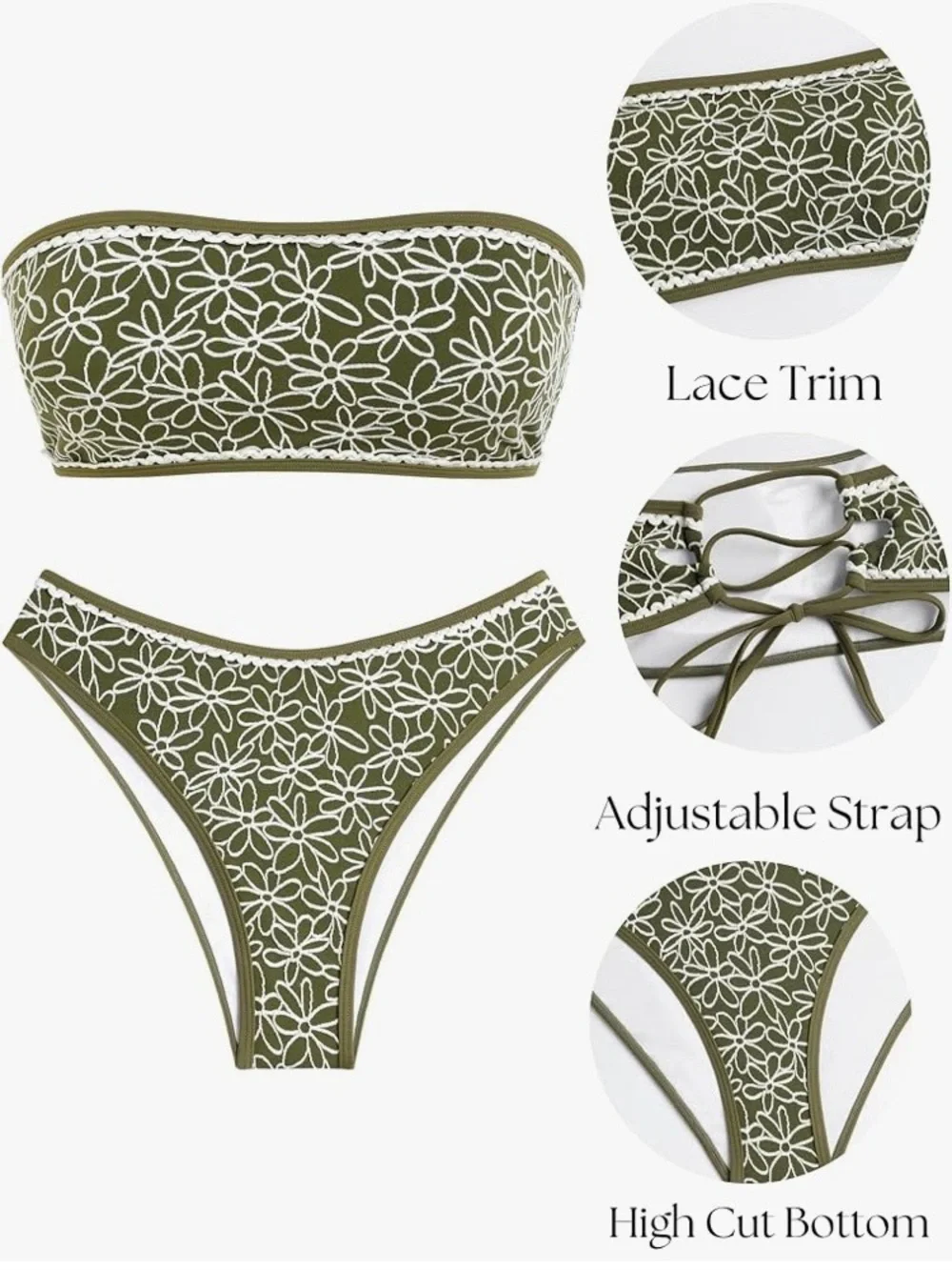 Zaful Olive & White Floral Bandeau Bikini Set